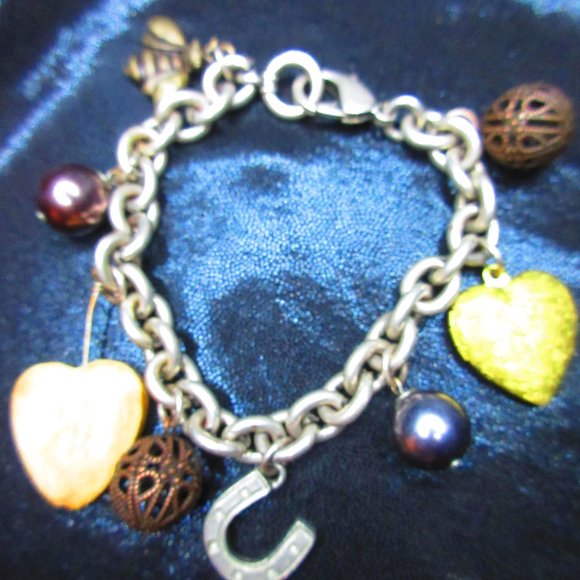 Charm Bracelet With Hearts Pearls Horseshoe Heart Locket Lobster Claw Clasp - Picture 2 of 8